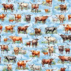 ATXSH Blue Longhorn Cattle Cotton 44"/45" Fabric Per Yard