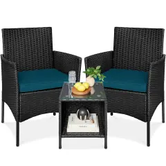 Best Choice Products 3-Piece Outdoor Wicker Conversation Patio Bistro Set, w/ 2 Chairs, Table Black/Peacock