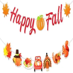 Happy Fall Banner Thanksgiving Decorations - Colorful Glitter Pumpkin Turkey