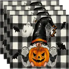 Set of 4 Buffalo Plaid Gnome Pumpkin Halloween Placemats - 12x18 Inch (Black/Beige)