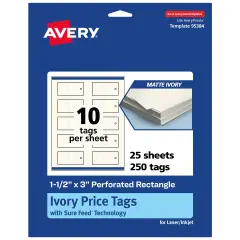 Avery Printable Perforated Rectangle Price Tags, Sure Feed Technology, 1-1/2" x 3", Matte Ivory Cardstock, Print-to-The-Edge, Laser/Inkjet Printable, 100 Total