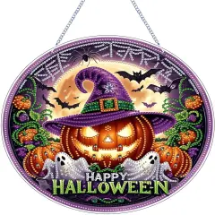 Halloween Diamond Art Painting Kit, Hanging Double Sided (Yellow-Pumpkin)