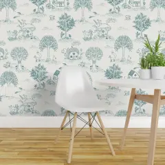 Peel & Stick Wallpaper 2FT Wide Whimsical Traditional Toile Animals Forest Woodland Trees Fairy House Deer Mushroom Cottagecore Fox Cat Birds Vintage Flowers Playroom Nursery Custom Removable Wallpaper by Spoonflower