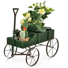 Wooden Garden Wagon Planter with Handle & Wheels Green