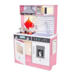 Lil' Jumbl Small Wooden Pretend Play Kitchen Set for Kids with Stovetop, Oven, and Interactive Features Pink