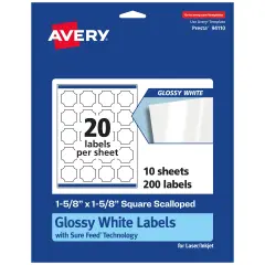 Avery Glossy White Square Scalloped Labels with Sure Feed, 1-5/8" x 1-5/8"
