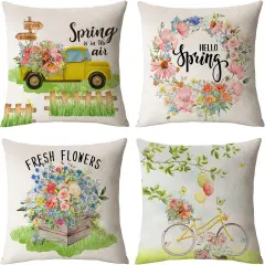 Hello Spring Pillow Covers 18x18 Set of 4 Floral Throw Pillow Covers Spring Summer Decorative Cushion Covers Truck Biycle Flower Pillow Cases for Home Sofa Couch Outdoor Decor (18 by 18)