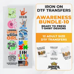 Iron on DTF Transfer Awareness Month Bundle 10 - 12 Best Seller T-shirt Designs Ready To Press