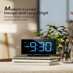 Digital Alarm Clock for Bedrooms, Digital Clock with Modern Curved Design, Conspicuous Blue LED Numbers, 5 Levels Brightness+Off, 2 Volume, 3 Alarm Tones, Snooze, Power-Off Memory, 12/24H