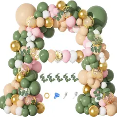 166Pcs Sage Green Balloon Garland Arch Kit Olive Green Blush Peach White Gold Balloons Artificial Eucalyptus Stems Jungle Safari