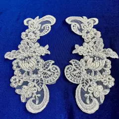1 Pair 8.5" x 3.5" Each Side Beaded & Corded Floral Lace Applique 100% Polyester Organza Silver