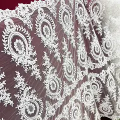 1 Yard White Beaded & Corded Embroidered Lace Fabric, 100% Polyester Mesh, 48" Wide, Elegant Fabrication for Gowns & D&eacute;cor