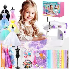 Mini Sewing Machine for Beginners - 240 Pieces Fashion Designer Kit with Portable Sewing Machine for Girls, DIY Doll Clothes Making Kit with 2 Mannequins, Creativity Gift Toy for Kids