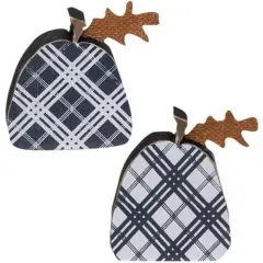 Set of 2 Wooden Plaid Pumpkins for Tabletop Fall Display Black
