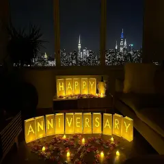 Happy Anniversary Decorations - Light-Up Letters with Tea Lights, Rose Petals & Luminary Bags