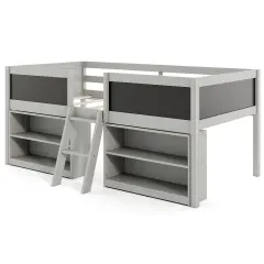 Twin Loft Bed with Chalkboards, Bookcases, Storage Shelf, Guardrails, and Sturdy Wood Construction Grey