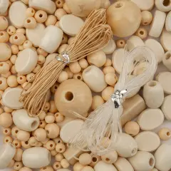 John Bead Craft Wood Beads with Elastic Nylon Cord, 90g Natural