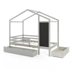 Wooden Twin House Bed with Storage Drawers Blackboard and Guardrails for Kids Grey
