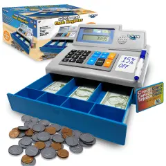 Dr. STEM: Solar-Powered Cash Register - Gray - 68pc Store & Shopping Roleplay Toy, Working Math Calculator, Sounds, Play Money & Debit Card, Kids 3+