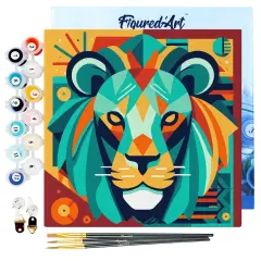 Figured'Art Mini Paint by Numbers Kit for Adults with Frame Lion Art-Deco Inspired Abstract Small format 8"x8" - Craft Art Painting DIY Canvas Already Stretched on a Wooden Frame