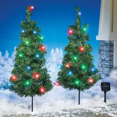 Collections Etc Solar Christmas Trees Set with Multicolor Lights