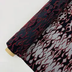 1 Yard Power Mesh Fabric with Black Flocked Flame and Red Glitter Design 60 Inch Width