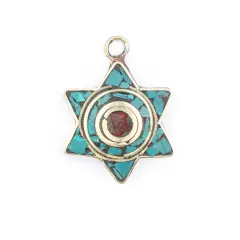 The Bead Chest Nepali Star of David Pendant: Authentic Ethnic Judaica Brass Charm Inlaid with Stone for DIY Necklace and Jewelry (Turquoise & Coral)