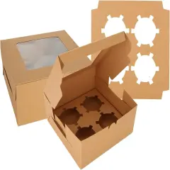 100Pcs Cupcake Boxes 4 Count Cupcake Containers 6x6x3 Inch Brown Cupcake Box Bulk for Cupcakes Muffins Cookies Pastries