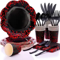 175PCS Red and Black Birthday Decorations,Red Dot on Black Party Plates and Napkins,Black Paper Plates for Birthday Baby Shower Wedding Anniversary Party Decorations,Serves 25