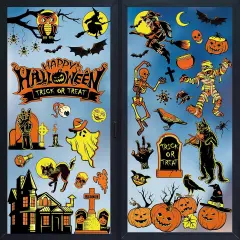 9 Sheet Halloween Window Clings Witch Black Cat Pumpkin Ghost Skull