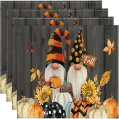 Set of 4 Gnomes Pumpkins Fall Placemats - 12x18 Inch (Black)