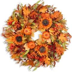 24" Fall Wreaths with Pumpkins, Sunflowers, Daisies, and Berries