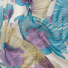 1 Yard Teal Blue, Yellow and Purple Flower Fans Silk Chiffon Lightweight Fabric Sheer, 54 Inches Wide