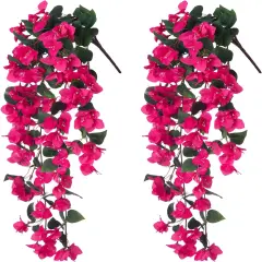 Artificial Fake Hanging Flowers Plants for Outdoor Outside Decor, 2 PCS Faux Silk Bougainvillea Long Vines UV Resistant Realistic Faux Hanging Flower for Home Porch Patio Balcony Yard, Hotpink