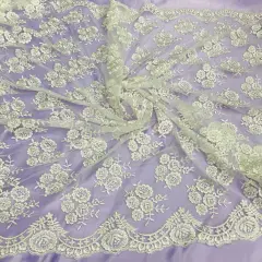 1 Yard Elegant Corded Lace Fabric Embroidered Bridal Mesh for Dresses 50" Width Ivory with Silver