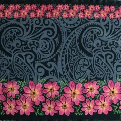 1 Yard Traditional Polynesian Tattoo Daisy Double Border Peachskin Polyester Fabric 44/45 Inch Width Gray