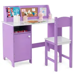 Costway Kids Study Desk with Chair, Whiteboard, Marker, Hutch, Storage Cabinet Purple/White