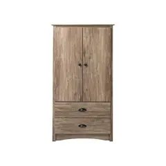 Rustic Grey Oak 2-Drawer Armoire Wardrobe Cabinet with Adjustable Shelves and Hanging Storage