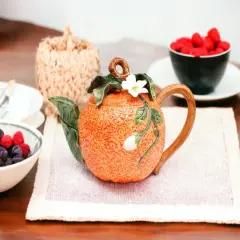 Hand Painted Ceramic Orange Teapot, Gift for Her, Gift for Mom, Tea Party D&eacute;cor, Caf&eacute; D&eacute;cor, Farmhouse Kitchen D&eacute;cor