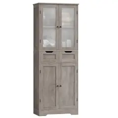 Farmhouse Bathroom Linen Cabinet with Storage Drawers in Grey Taupe Wood Finish