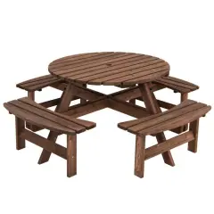 Espresso Round 8-Seater Fir Wood Picnic Table with Umbrella Hole Perfect for Backyard Gatherings