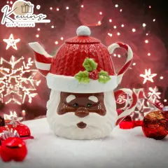 Ceramic African American Christmas Santa Claus Tea For One, Gift for Her, Gift for Mom, Tea Party D&eacute;cor, Caf&eacute; D&eacute;cor, Christmas Decor