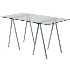 Silver-Clear Glass Top Writing Desk with Powder-Coated Steel Legs and Modern Design