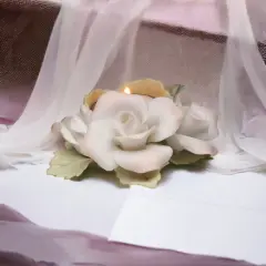 Hand Crafted Ceramic White and Pink Rose Tealight Candle Holder, Wedding D&eacute;cor, Wedding Gift, Wedding Favor