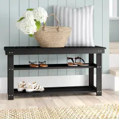Wooden Shoe Rack Bench with Two Storage Shelves and 2-Seater Design for Entryway or Hallway Black