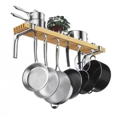 36-Inch Wall-Mounted Metal Wood Pot Rack with 6 Adjustable Hooks