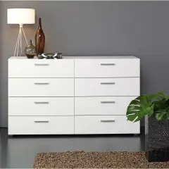 Modern 8-Drawer Double Dresser for Bedroom Storage with Metal Hardware and Foil Finish White