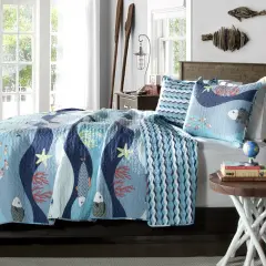 Twin Blue Sea Coral Quilt Set Coastal Fish Ocean Bedding