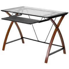 Black-Cherry Metal Writing Desk with Glass Top and Sliding Keyboard Tray