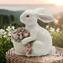 Ceramic Bunny Rabbit With Flower Basket Figurine, Home D&eacute;cor, Gift for Her, Gift for Mom, Kitchen D&eacute;cor, Spring D&eacute;cor, Easter D&eacute;cor